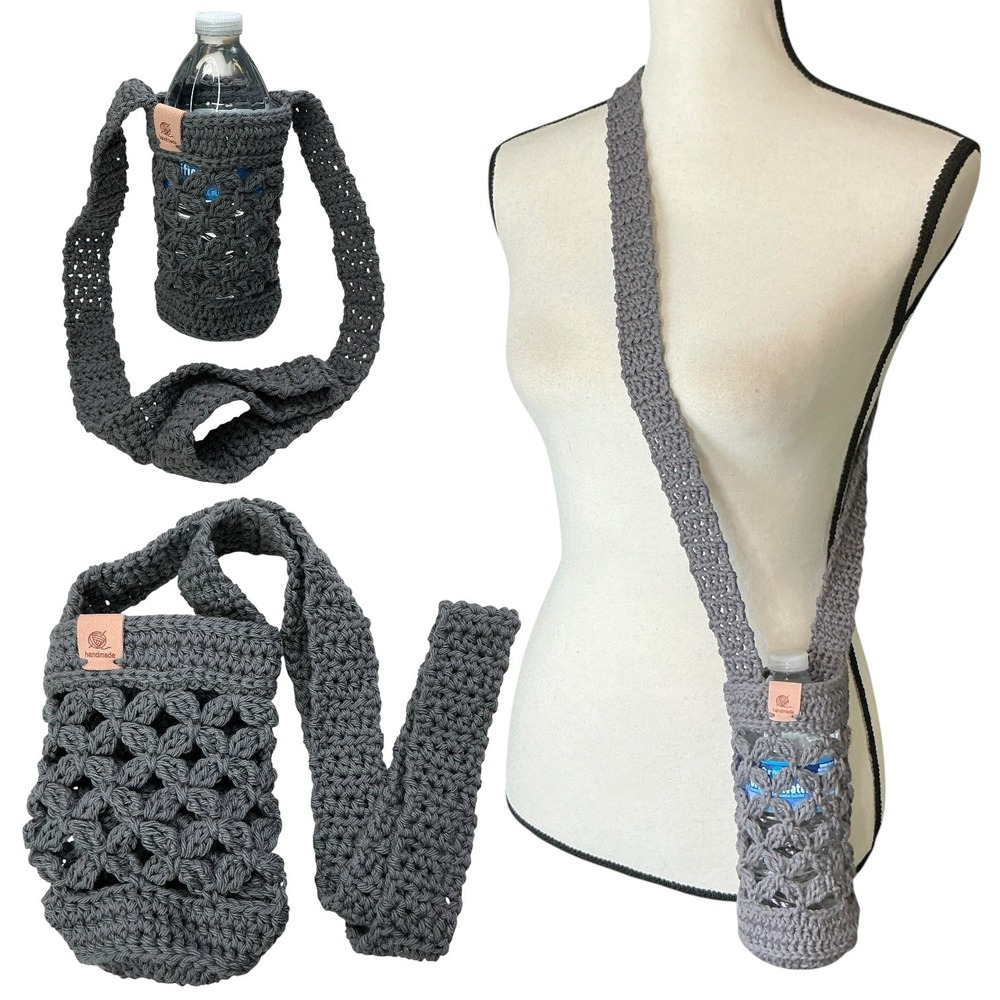 Handmade Gray Crochet Water Bottle Holder OS Crossbody Boho Festival Bag